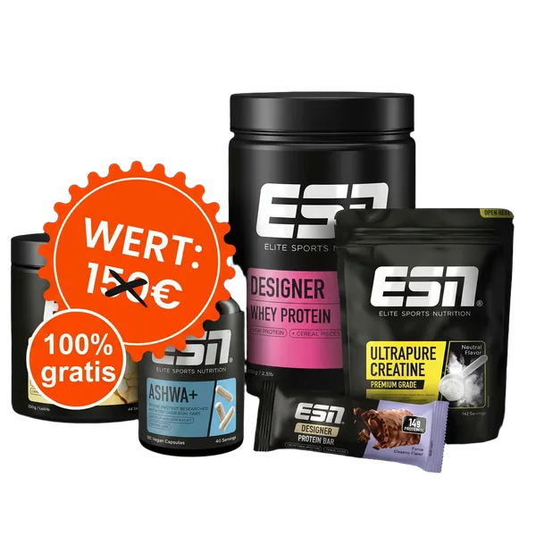 ESN XXL Paket — Designer Vegan Protein oder Designer Whey nach Wahl, Ultrapure Creatine, Flexpresso, Ashwa+ und Designer Bar im Wert von 150 Euro